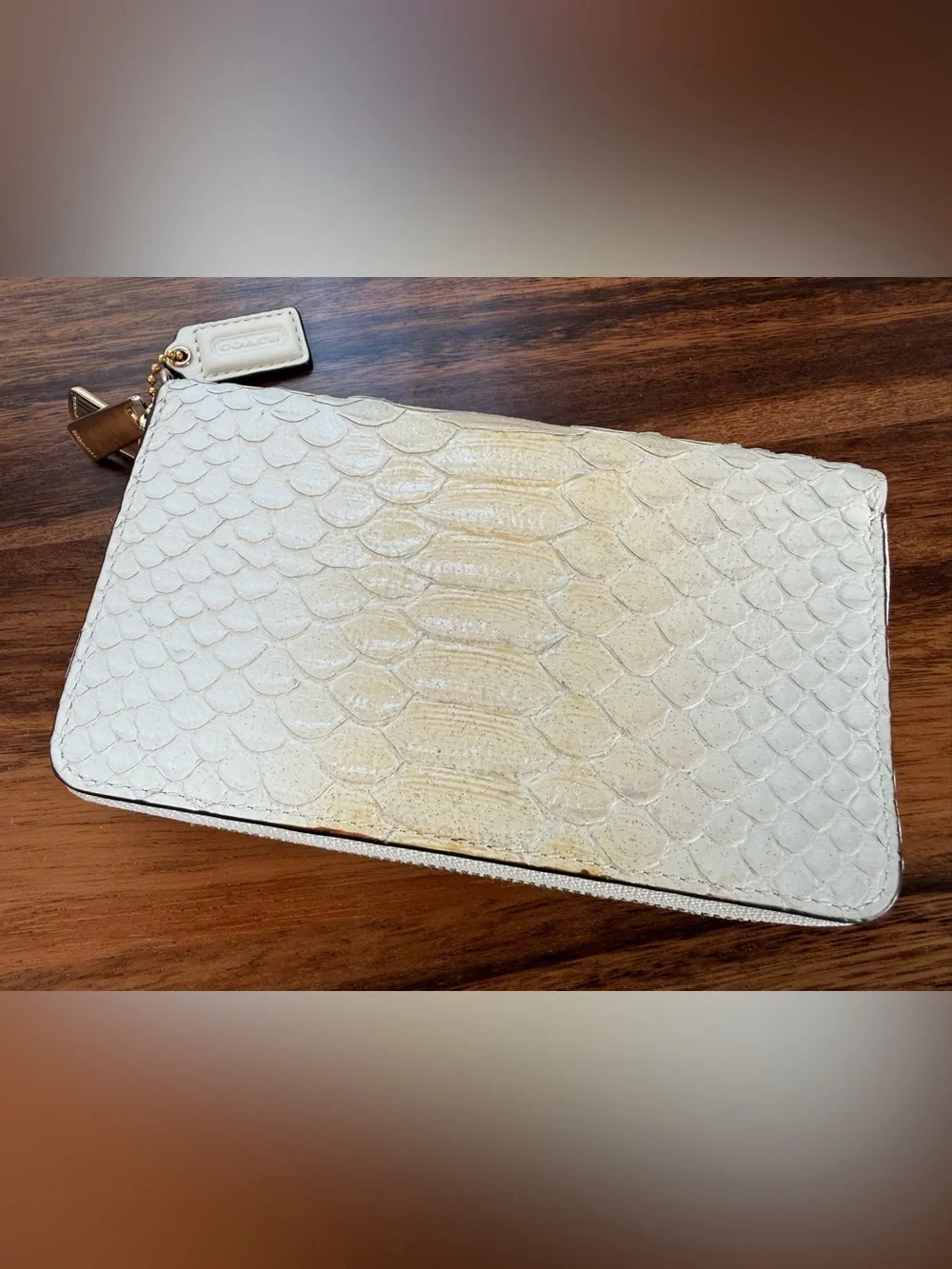 Coach White Python Embossed Leather Zip Around Wallet Gold Hardware - Picture 7 of 14